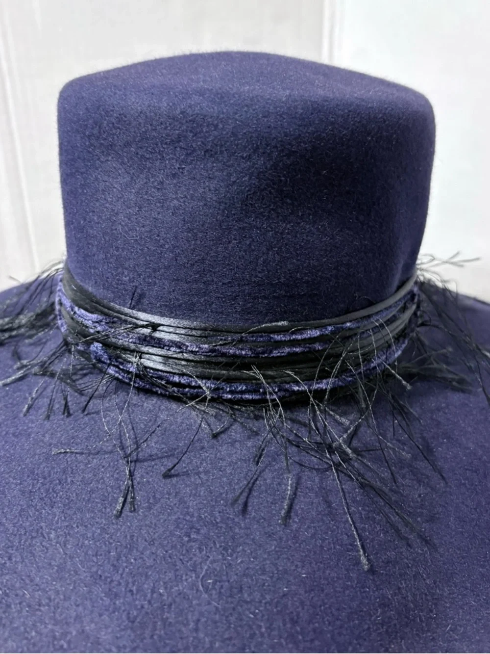 Patricia Underwood Navy Wide-Brim Wool Fedora Hat with Black Decorative Band